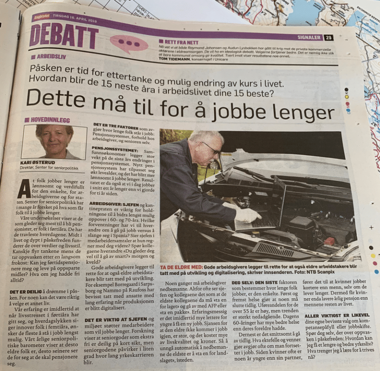 Direktør Kari Østerud skrev om hva som skal til for å jobbe lengst mulig i Dagbladet tirsdag 18. april 2019.